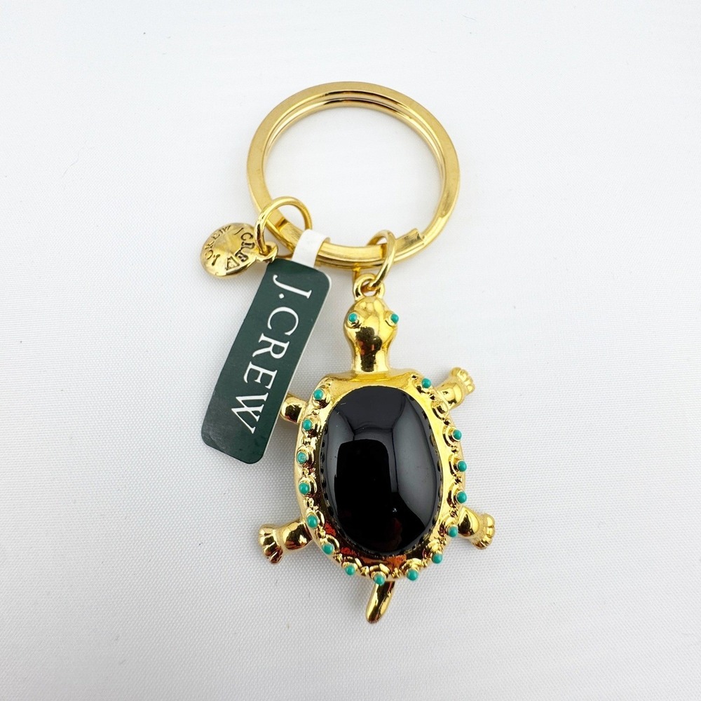J.Crew Gold Tone‎ Black Cabochon Turtle Keychain Bag Charm Turquoise Accents NEW